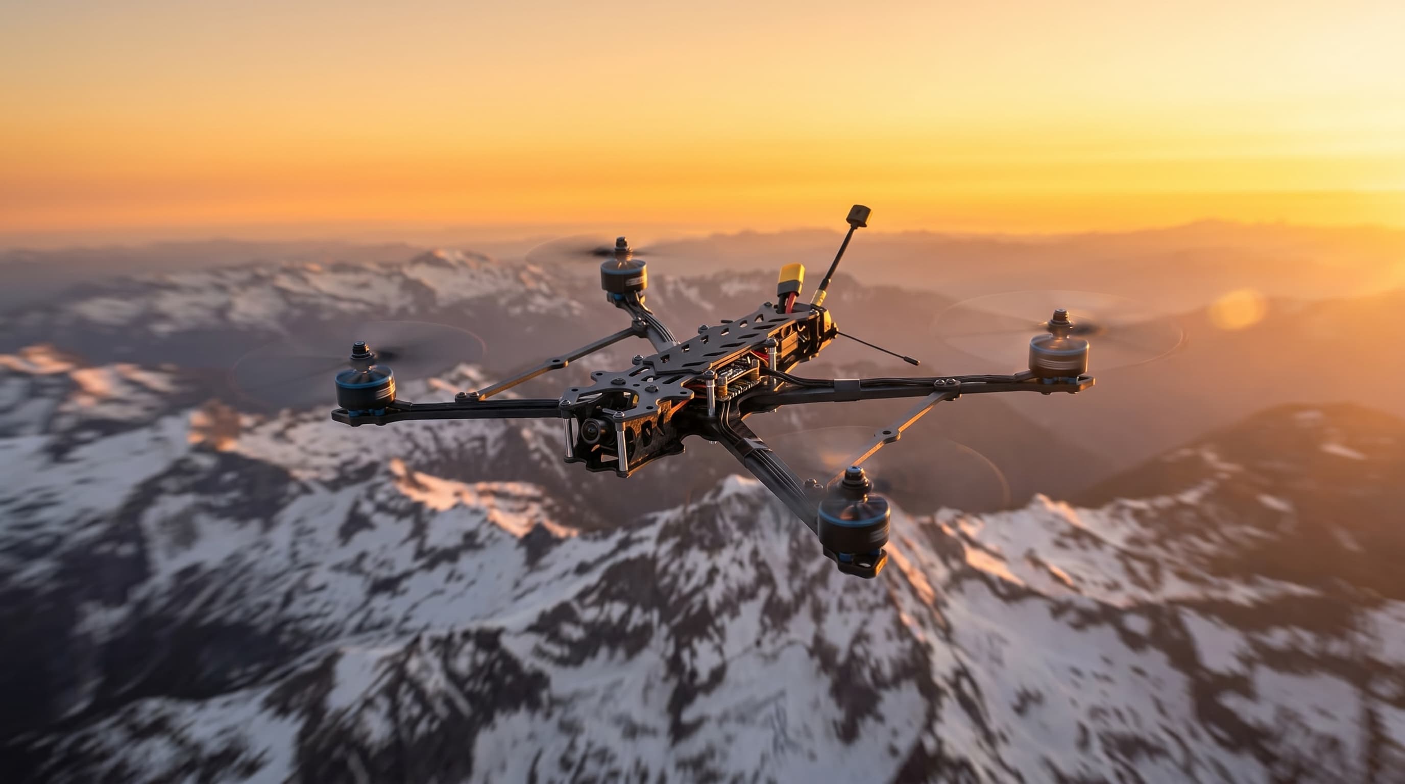 FPV drone flying above mountains at sunset